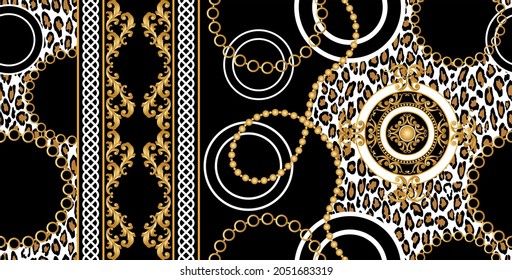 Seamless Golden Chains,Leopard skin, Baroque Pattern. Vector design for fashion prints and backgrounds.
