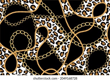 Seamless Golden Chains,Leopard skin Pattern. Vector design for fashion prints and backgrounds.
