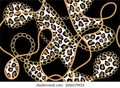 Cadenas doradas sin foco, patrón de piel de leopardo. Diseño de vectores para impresiones y fondos de moda.
