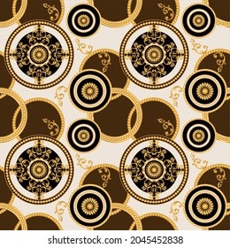 Seamless Golden Chian, Baroque Pattern on Beige. Vector design for fashion prints and backgrounds.
