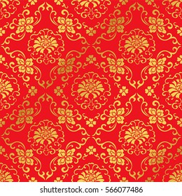 Seamless Golden Chinese Background Botanic Cross Spiral Flower Vine