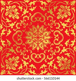 Seamless Golden Chinese Background Botanic Spiral Vine Cross Flower