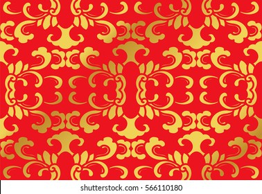 Seamless Golden Chinese Background Botanic Curve Spiral Cross Leaf