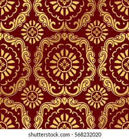 Seamless Golden Chinese Background Botanic Spiral Curve Cross Flower