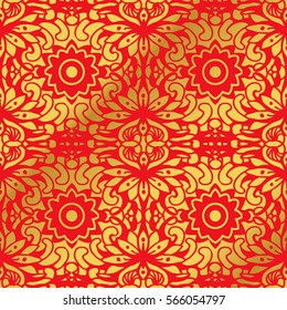 Seamless Golden Chinese Background Curve Round Cross flower Kaleidoscope