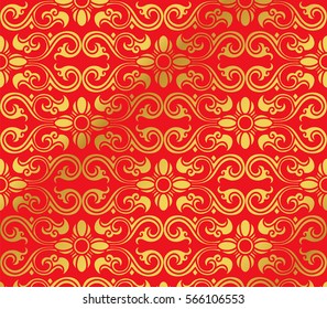 Seamless Golden Chinese Background Curve Spiral Cross Flower