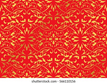 Seamless Golden Chinese Background Curve Spiral Vine Leaf Flower