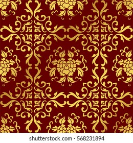Seamless Golden Chinese Background Curve Vine Leaf Flower
