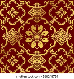 Seamless Golden Chinese Background Curve Spiral Cross Flower