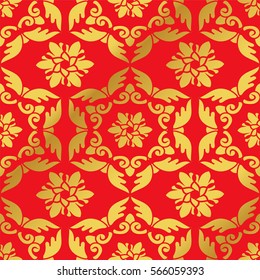 Seamless Golden Chinese Background Feather Polygon Spiral Cross Flower