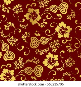 Seamless Golden Chinese Background Gourd Spiral Vine Flower