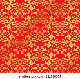 Seamless Golden Chinese Background oriental botanic garden spiral leaf flower