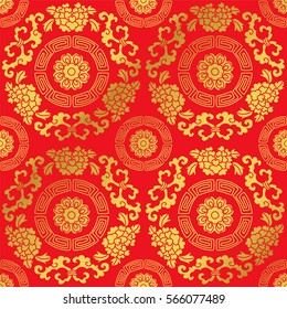 Seamless Golden Chinese Background Round Spiral Frame Flower Vine