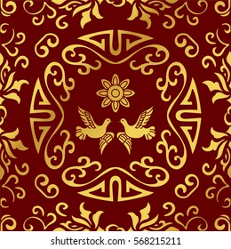 Seamless Golden Chinese Background Spiral Round Frame Pigeon Flower
