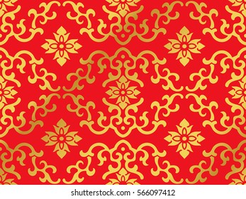 Seamless Golden Chinese Background Wave Curve Spiral Flower Cross