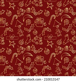Seamless golden Christmas pattern with Christmas accessories
