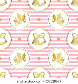 seamless golden christmas pattern on pink stripe background with gold bell and leave glitter