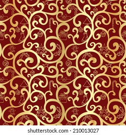 Seamless golden Christmas pattern with swirls and Christmas accessories