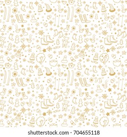 Seamless golden christmas wrapping paper design, with bears, skiing, skates, mittens,  snowflakes on white background