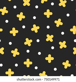 Seamless golden cross pattern in retro memphis style, fashion 80s - 90s. Abstract colored background.