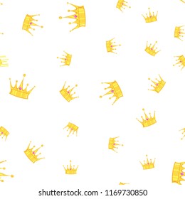 Seamless golden crown pattern with gems white background