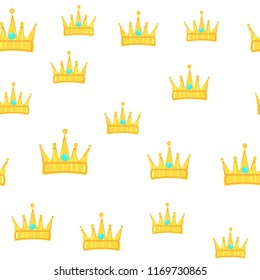 Seamless golden crown pattern with gems white background