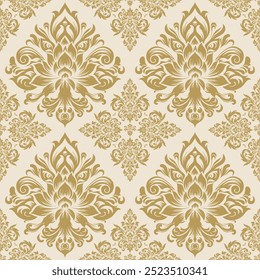 Seamless golden damask pattern on beige background. Luxurious classic ornament in baroque style. Golden ornament design for wallpaper, textiles and luxury interior.