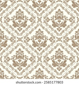 Seamless golden damask pattern on beige background. Luxurious classic ornament in baroque style.
