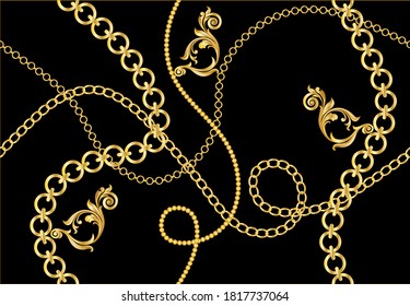 Seamless golden decorative baroque pattern with chains on black background. EPS10 Illustration.