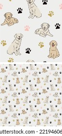 Seamless Golden dog pattern, holiday texture. Square format, t-shirt, poster, packaging, textile, socks, textile, fabric, decoration, wrapping paper. Trendy hand-drawn Golden Retriever dog wallpaper.