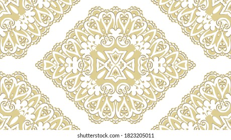 Seamless golden ethnic, ornamental texture,   woven  laced abstract pattern on white background