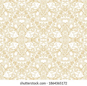 Seamless golden ethnic, ornamental texture,   woven  laced abstract pattern on white background