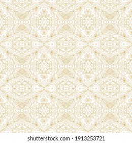 Seamless golden ethnic, ornamental texture,   woven  laced abstract pattern on white background