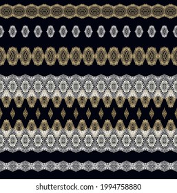 Seamless golden ethnic, ornamental texture,   woven  laced abstract pattern on dark  background