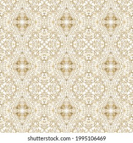 Seamless golden ethnic, ornamental texture,   woven  laced abstract pattern on white background