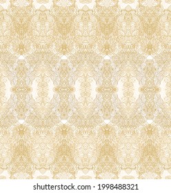 Seamless golden ethnic, ornamental texture,   woven  laced abstract pattern on white background