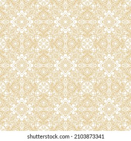 Seamless golden ethnic, ornamental texture,   woven  laced abstract pattern on white background