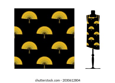 Seamless golden fans pattern. Template of using textile  decorative motive  for women  dress. Vector design.