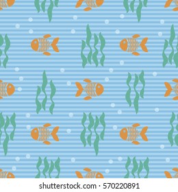 seamless golden fish with seaweed pattern on stripe background