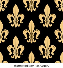 Seamless golden fleur-de-lis pattern on black background with ornamental leaves in victorian medieval style. Luxury wallpaper, interior accessories or upholstery design usage