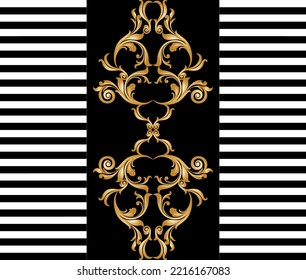 Seamless golden floral baroque with striped pattern. Vector Illustration.