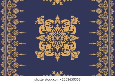 Seamless golden floral damask shape with yellow geometric ethnic tradition pattern texture on dark violet background. Silk pattern decoration for carpet. Thai clothing wrapping and wallpaper