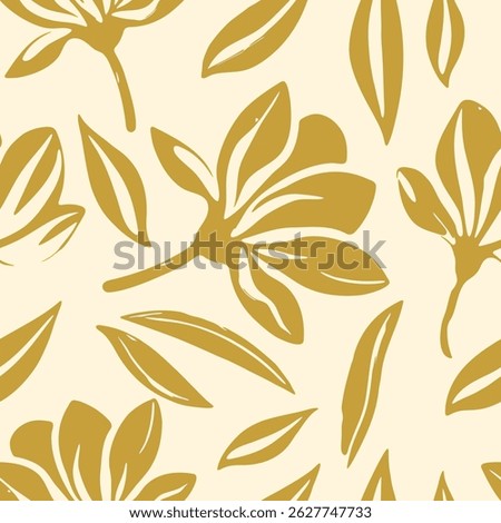Seamless golden floral pattern with abstract flowers and leaves on light background