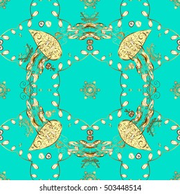 Seamless golden floral pattern, classic, blue background. Vector