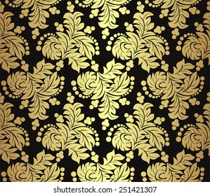 Seamless golden floral Pattern on black.