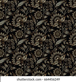 Seamless golden floral pattern on black background