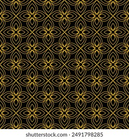 Seamless golden floral pattern with simple four-petal leaf shapes on black background. Suitable for various design purposes of textiles, tiles, wallpapers, backgrounds, etc.