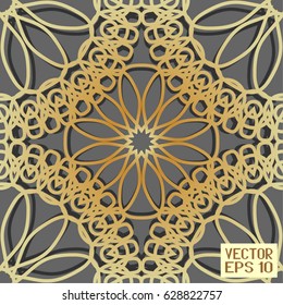 Seamless Golden Geometric Cellular Pattern. Abstract Spatial Monochrome Structure with a Shadow. Graphic Style for Print. Vector. 3D Illustration