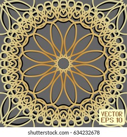 Seamless Golden Geometric Cellular Pattern. Abstract Spatial Monochrome Structure with a Shadow. Graphic Style for Print. Vector. 3D Illustration