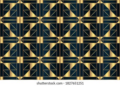 Seamless golden geometric patterns on blue striped background